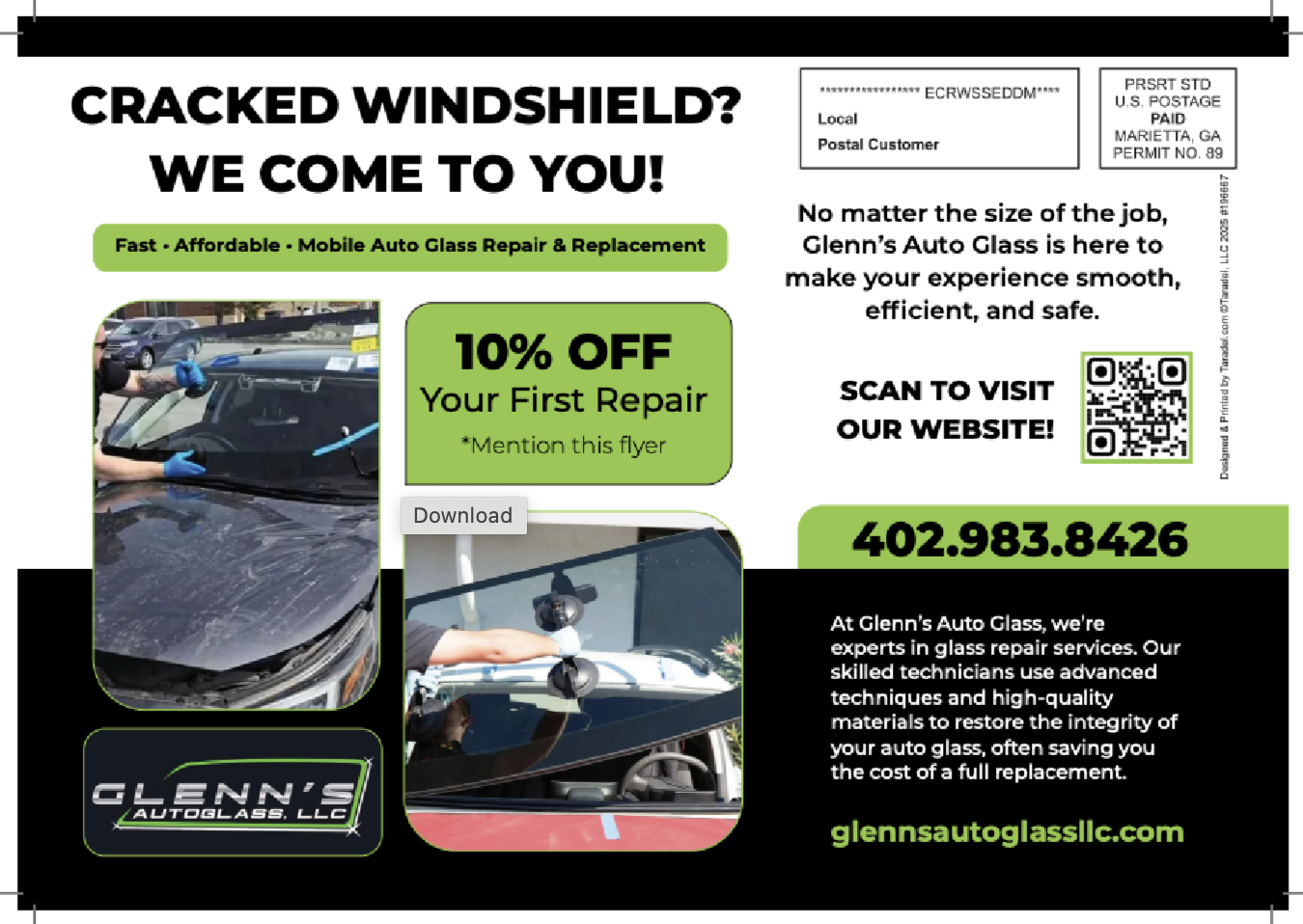 Glenn's Auto Glass postcard design featuring before and after windshield repair.